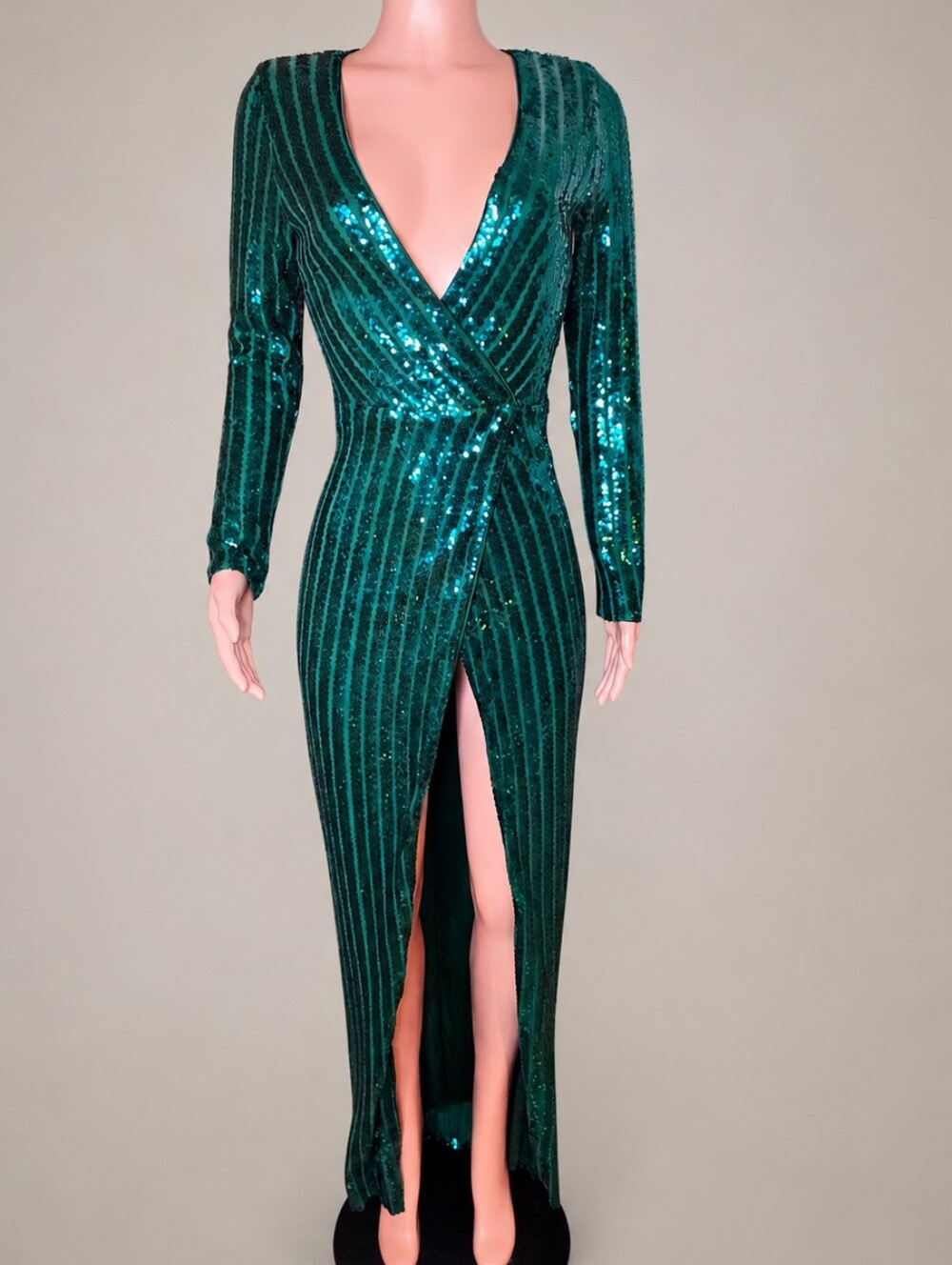 Club L London Teal Green Sequin Wrap V-Neck Long Sleeve Dress 2